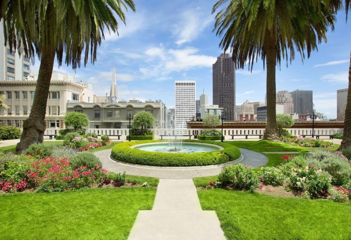 Fairmont San Francisco Hotel garden, a gay-friendly hotel. Fountain, palm trees, and city skyline. An oasis in San Francisco.