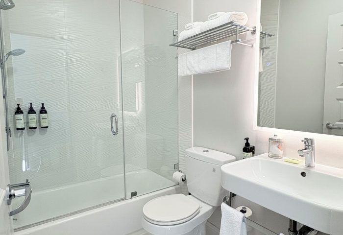 The Grove Inn bathroom. Gay-friendly hotel with shower, toilet, sink, and mirror. Modern, clean design for gay men's travel.