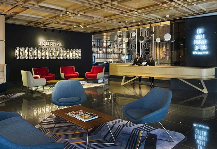 Kuala Lumpur Journal Hotel lobby. Gay-friendly hotel with modern design, reception, seating area, and stylish decor. Travel advice for gay men.