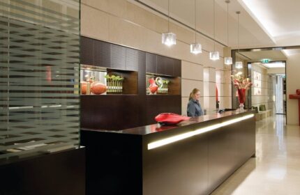 The Levante Parliament Design Hotel's reception. This adults-only, gay-friendly hotel offers stylish, modern decor and a welcoming atmosphere.
