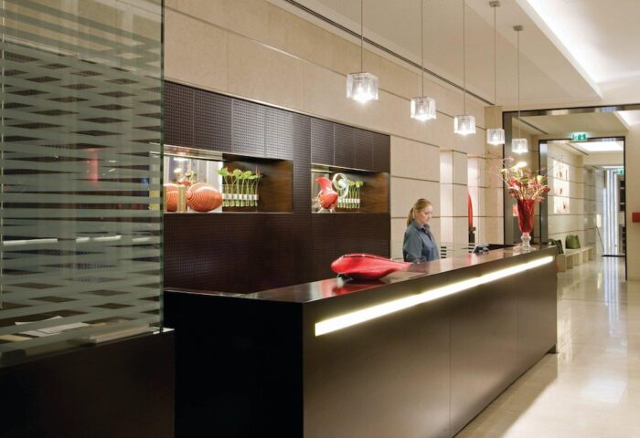 The Levante Parliament Design Hotel's reception. This adults-only, gay-friendly hotel offers stylish, modern decor and a welcoming atmosphere.