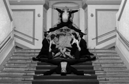 The Levante Parliament, a design hotel adults only. Gay-friendly hotel. Artistic photo of people on stairs in black and white.