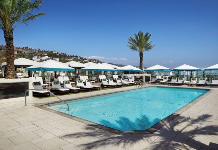Pool at The London West Hollywood at Beverly Hills, a gay-friendly hotel. Loungers, umbrellas, and palm trees surround the pool.