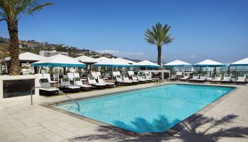 Pool at The London West Hollywood at Beverly Hills, a gay-friendly hotel. Loungers, umbrellas, and palm trees surround the pool.