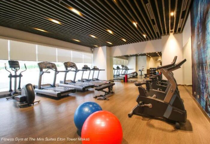 The Mini Suites Eton Tower Makati gym. Treadmills, stationary bikes, and fitness balls. Gay-friendly hotel in Makati, Philippines.