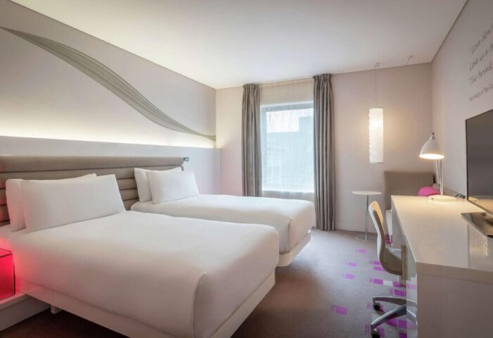 The Morrison, a DoubleTree by Hilton Hotel: Gay-friendly hotel room with two twin beds, desk, and modern decor. Dublin, Ireland.