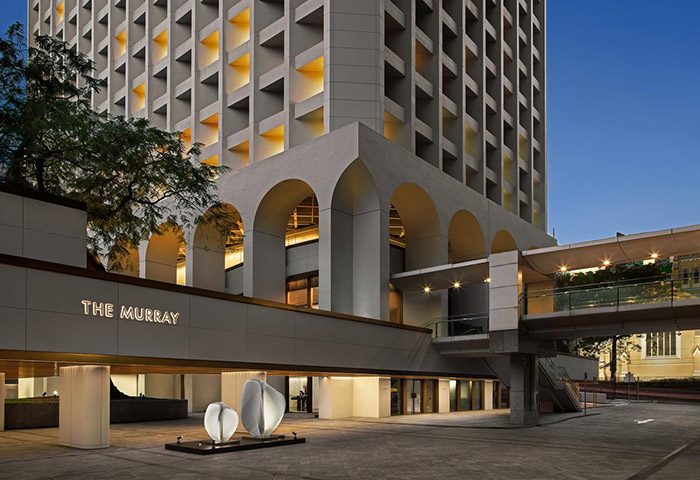 The Murray, Hong Kong, a Niccolo Hotel, gay-friendly hotel. Exterior view featuring modern architecture and elegant entrance.