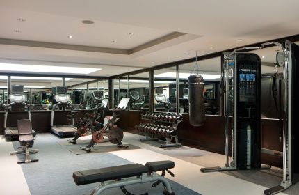 Gym at The Muse New York, a gay-friendly hotel. Treadmills, bikes, weights, and punching bag. Fitness center for gay travelers in NYC.