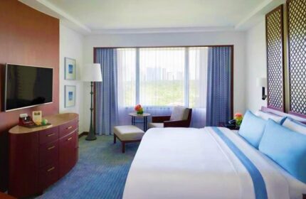 The Peninsula Manila hotel room. Gay-friendly hotel with bed, TV, and city view. Luxury travel for gay men in Manila. Hotel room interior.