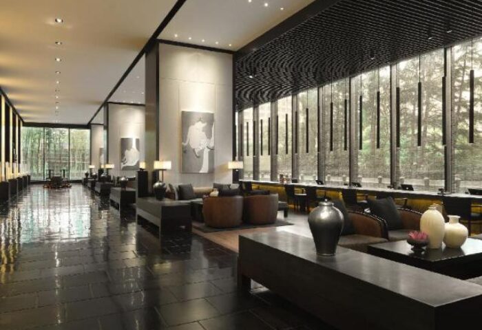 The PuLi Hotel and Spa's stylish lobby. This gay-friendly hotel offers luxury accommodations with a spa and modern design.