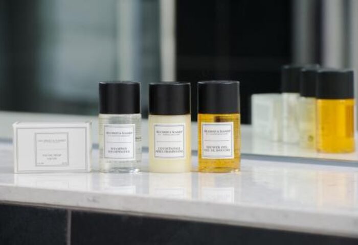 The Resident Soho hotel bathroom amenities. Gay-friendly hotel in Soho, formerly The Nadler Soho, offers shampoo, conditioner, shower gel, and soap.