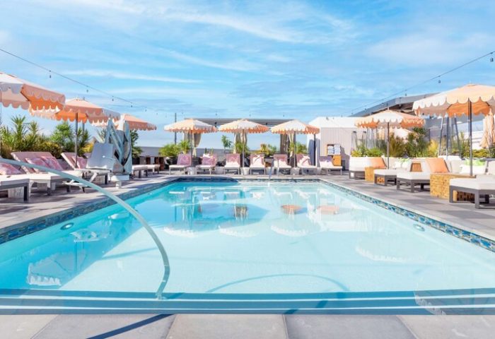 Rooftop pool at The Shay, a Destination By Hyatt Hotel. Gay-friendly hotel with lounge chairs, umbrellas, and clear blue water.