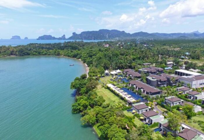 The Shell Sea Krabi, gay-friendly hotel. Aerial view of resort, ocean, & islands. A tranquil gay travel destination in Thailand.