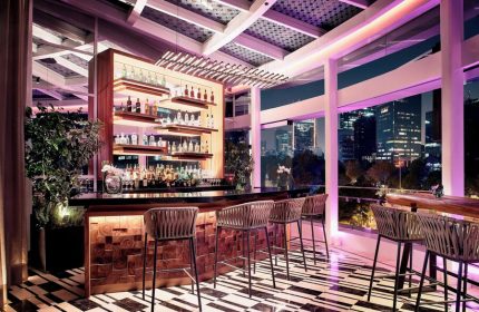 Bar at The St. Regis Mexico City, a gay-friendly hotel. City skyline view, stylish interior, bottle display, and modern design. Upscale travel.