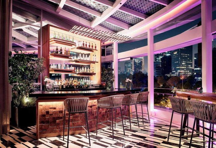Bar at The St. Regis Mexico City, a gay-friendly hotel. City skyline view, stylish interior, bottle display, and modern design. Upscale travel.