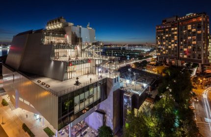 The Standard, High Line New York at night. Gay-friendly hotel with modern architecture and city views. A popular destination for gay travelers.