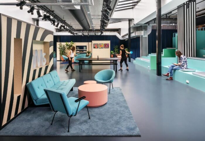 The Student Hotel Amsterdam City interior. Gay-friendly hotel with ping pong, lounge area. Modern design, ideal for gay travelers.