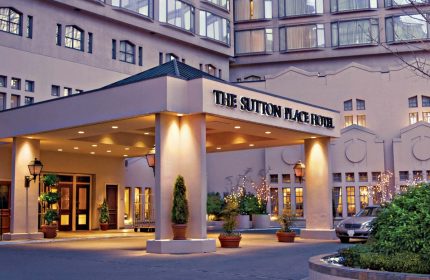 Entrance to The Sutton Place Hotel Vancouver, a gay-friendly hotel. Luxury travel for gay men in Vancouver, British Columbia.