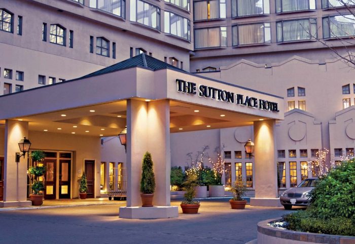 Entrance to The Sutton Place Hotel Vancouver, a gay-friendly hotel. Luxury travel for gay men in Vancouver, British Columbia.