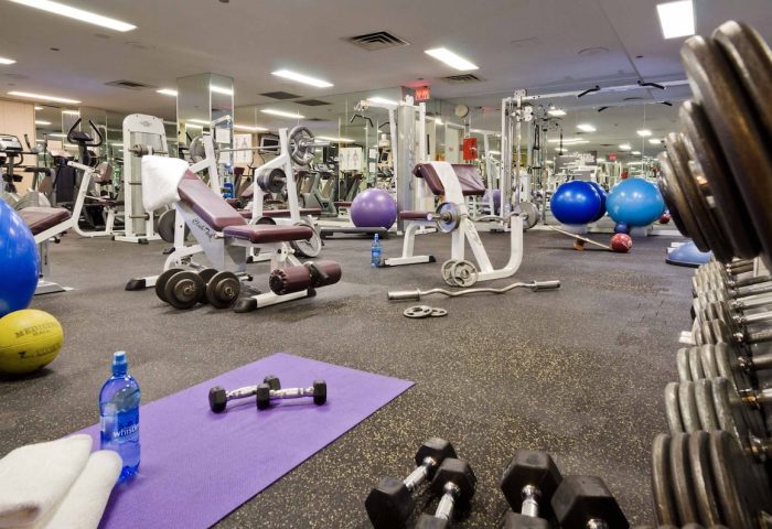 The Sutton Place Hotel Vancouver's gym. Gay-friendly hotel with weights, exercise balls, and machines for a full workout.