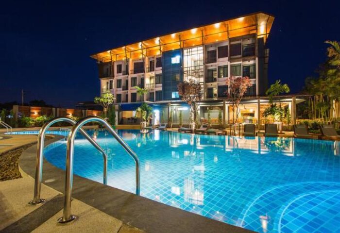 The Tama Hotel's pool at night. This gay-friendly hotel offers a relaxing and welcoming atmosphere for gay travelers. Enjoy your stay!