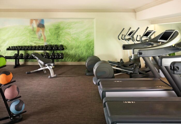 The College Green Dublin Hotel's gym. Treadmills, weights, and exercise balls. Gay-friendly hotel for fitness enthusiasts.