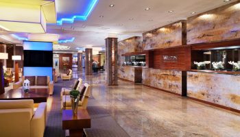 The Westin Grand Frankfurt lobby. Gay-friendly hotel with modern design, seating area, and reception. Upscale travel for gay men in Frankfurt.
