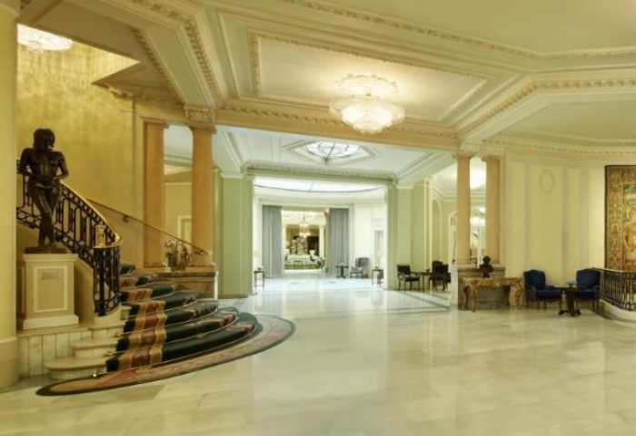 The Westin Palace, Madrid lobby. Gay-friendly, pet-friendly hotel with grand staircase, marble floors, and elegant decor.