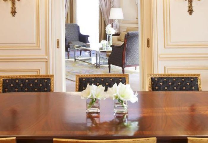 The Westin Palace, Madrid: Elegant dining area in a pet-friendly, gay-friendly hotel. View into a sitting room. Luxury travel for gay men.