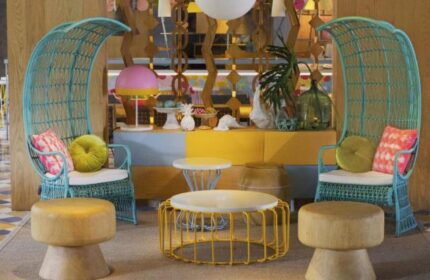 Tijili Hotel Seminyak interior. Colorful, modern seating area at this gay-friendly hotel in Seminyak, Bali. Great for gay travel.