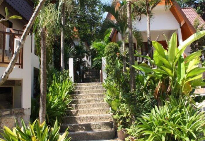Tok Little Hut, gay-friendly hotel. Stone stairs lead to bungalows amid lush tropical greenery. A tranquil retreat for gay travelers.