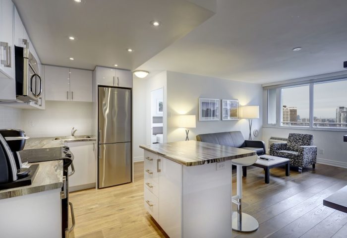 Town Inn Suites gay-friendly hotel room. Open concept kitchen with stainless steel appliances, island, and living area with city view.