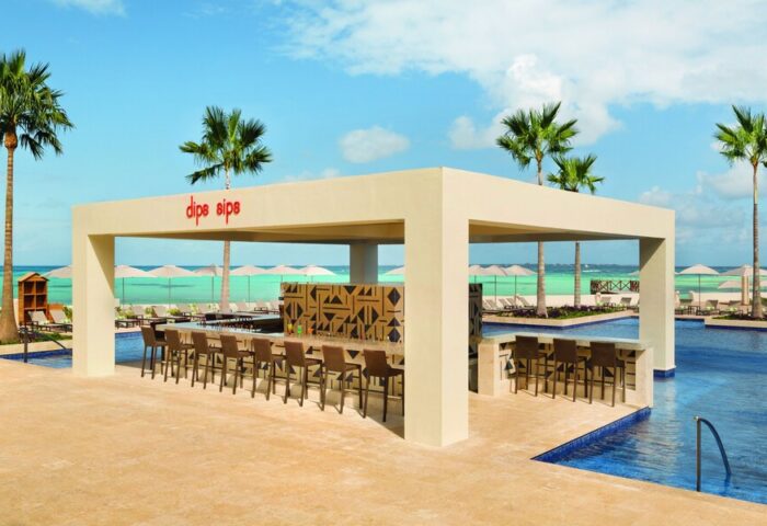 Turquoize at Hyatt Ziva Cancun adults-only all-inclusive swim-up bar. Palm trees, ocean view. Gay-friendly hotel for gay men's travel.