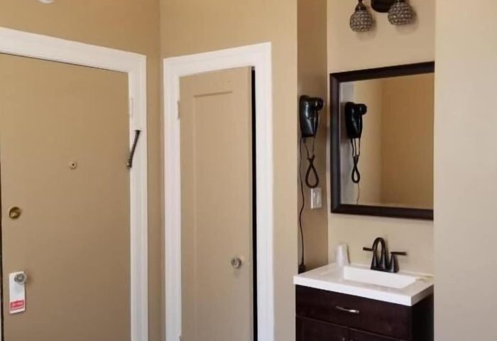Twin Peaks Hotel room interior. Gay-friendly hotel with bathroom sink, mirror, hair dryer, and closet doors. Comfortable lodging.