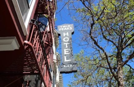 Twin Peaks Hotel sign. Gay-friendly hotel with fire escape. A great place for gay men to stay in San Francisco.