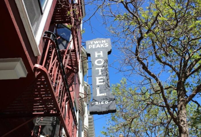 Twin Peaks Hotel sign. Gay-friendly hotel with fire escape. A great place for gay men to stay in San Francisco.