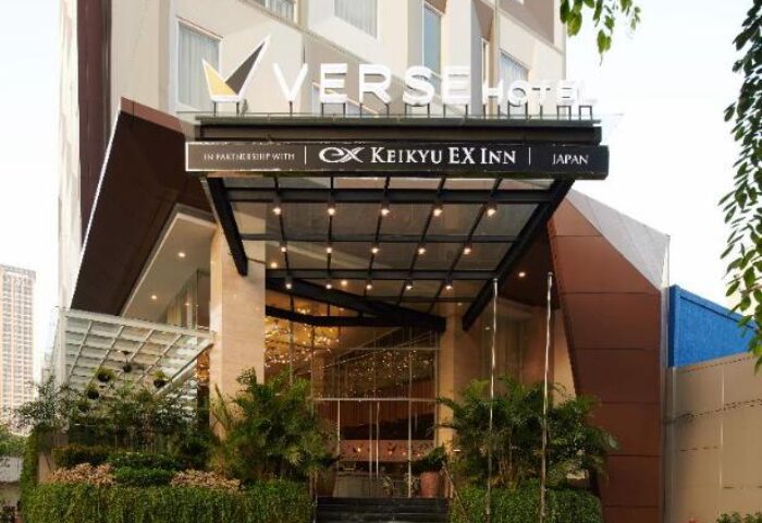 Verse Luxe Hotel Wahid Hasyim entrance. A gay-friendly hotel with modern design, greenery, and a welcoming atmosphere. Great for gay travel.