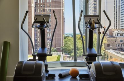 Viceroy Chicago gay-friendly hotel gym with elliptical machines, yoga mat, and ball. City view visible through the window.