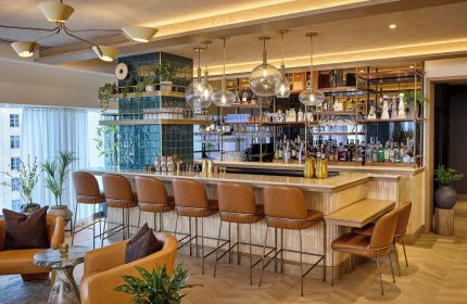 Viceroy Chicago gay-friendly hotel bar area. Leather bar stools, liquor shelf, and globe lighting. Upscale travel for gay men.