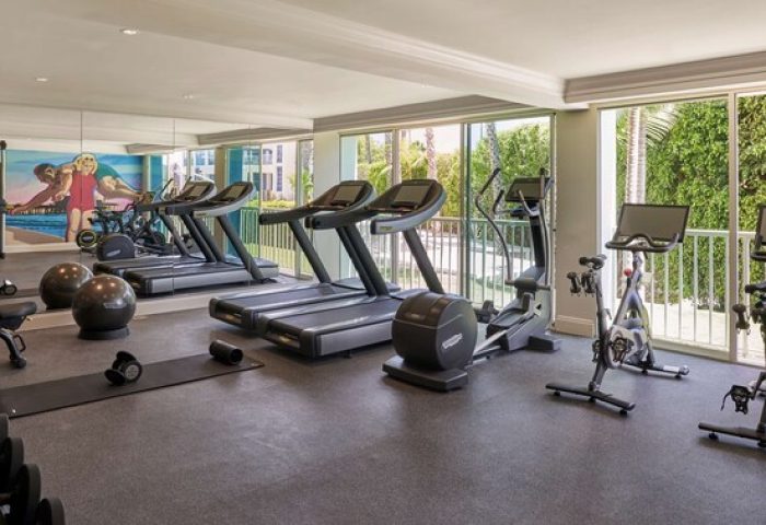 Viceroy Santa Monica Hotel's gym. Treadmills, bikes, weights, and mural. A gay-friendly hotel for fitness enthusiasts. Santa Monica gym.