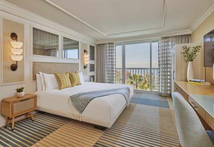 Viceroy Santa Monica hotel room. King bed, ocean view balcony, desk. Gay-friendly hotel for gay men travel in Santa Monica, CA.