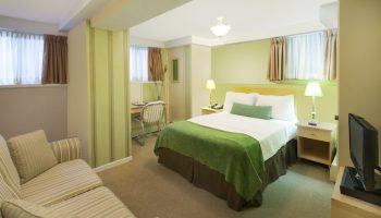 Victoria's Mansion Guest House room. Gay-friendly hotel bedroom with queen bed, desk, and striped sofa. Comfortable travel lodging.