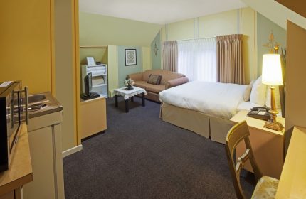 Victoria's Mansion Guest House room. Gay-friendly hotel with bed, sofa, kitchenette, desk, and chair. A cozy space for gay travelers.