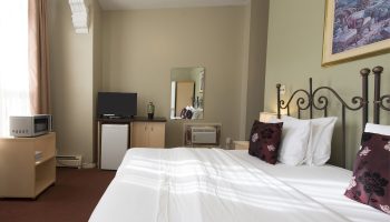 Victoria's Mansion Guest House room. Gay-friendly hotel with bed, TV, mini-fridge, microwave, and air conditioning. Comfortable stay.