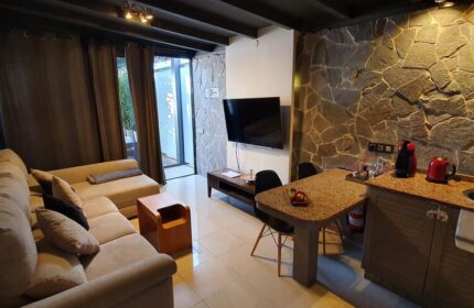 Villa Adler Gay Men Only hotel room. Living area with sofa, TV, kitchenette, and stone wall. Gay-friendly travel lodging.