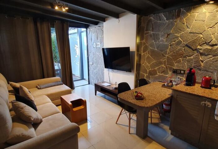 Villa Adler Gay Men Only hotel room. Living area with sofa, TV, kitchenette, and stone wall. Gay-friendly travel lodging.
