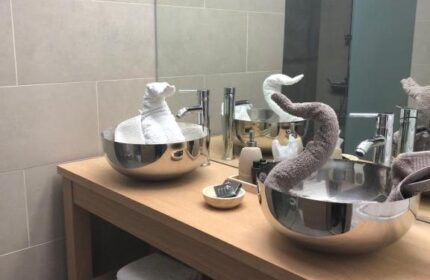 Villa Adler Gay Men Only hotel bathroom. Modern design with swan towel art. Gay-friendly hotel with luxury amenities for gay travelers.