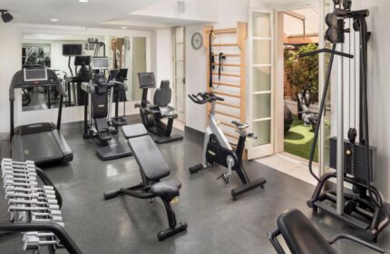 Villa Agrippina Gran Melia's gym. Gay-friendly hotel fitness center with weights, treadmill, exercise bike, and weight machines. Outdoor access.