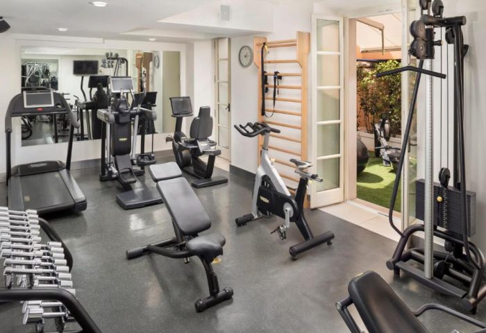 Villa Agrippina Gran Melia's gym. Gay-friendly hotel fitness center with weights, treadmill, exercise bike, and weight machines. Outdoor access.