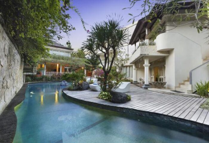 Villa Kresna Boutique and Suites pool view. Gay-friendly hotel with suites and a boutique. Luxury travel for gay men. Bali vacation.